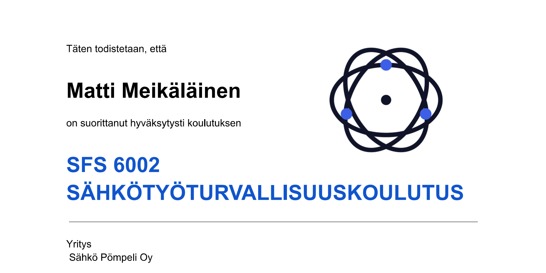 SFS 6002 -sähkötyöturvallisuuskoulutuksen mallitodistuksen yläosa